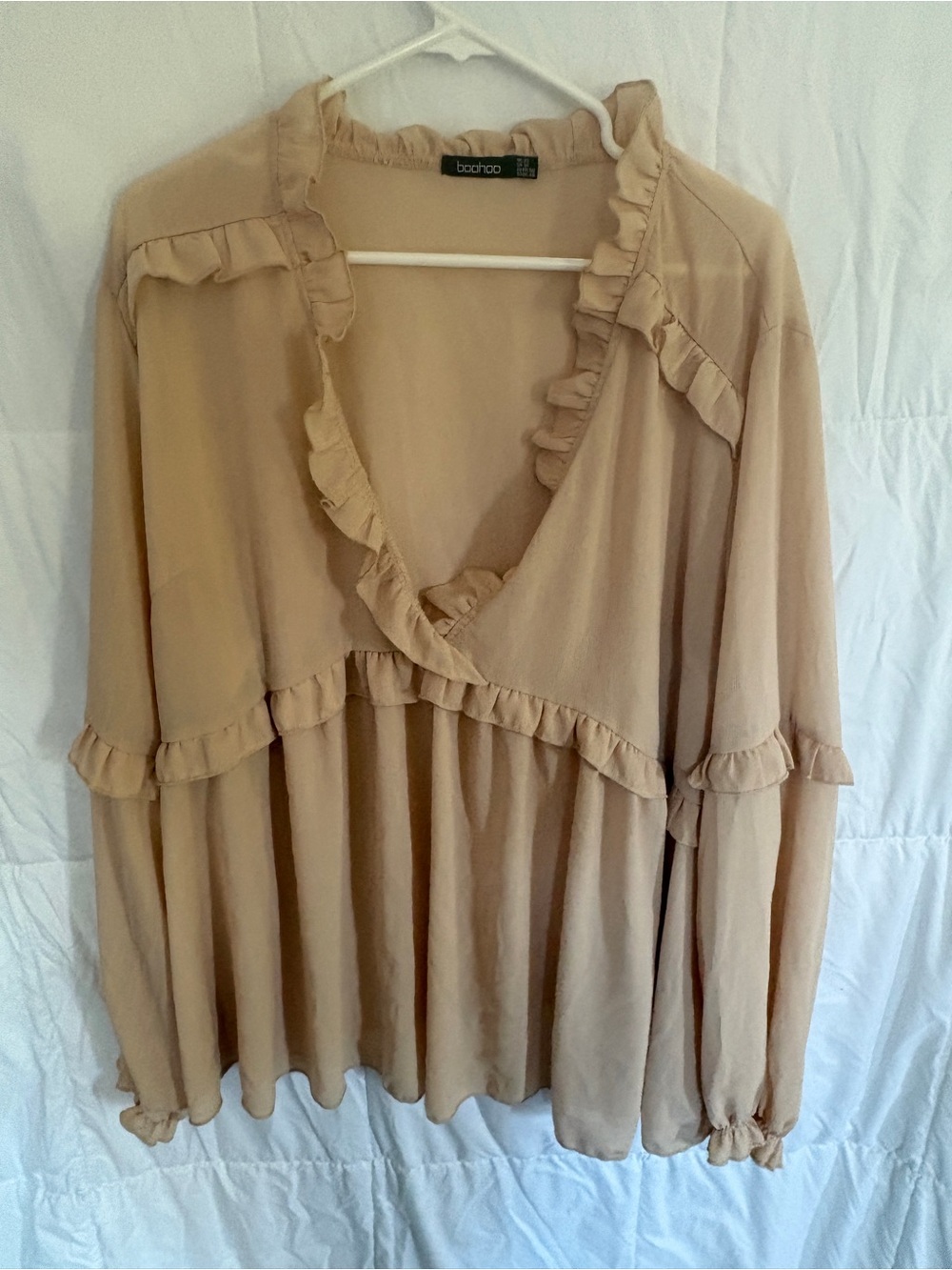 Boohoo Beige Ruffle V-Neck Peasant Blouse